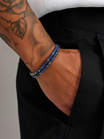 Nialaya Men's Beaded Bracelet Blue Lapis Heishi Wrap Bracelet with Gold Lock Blue Lapis Heishi Wrap Bracelet with Gold Lock